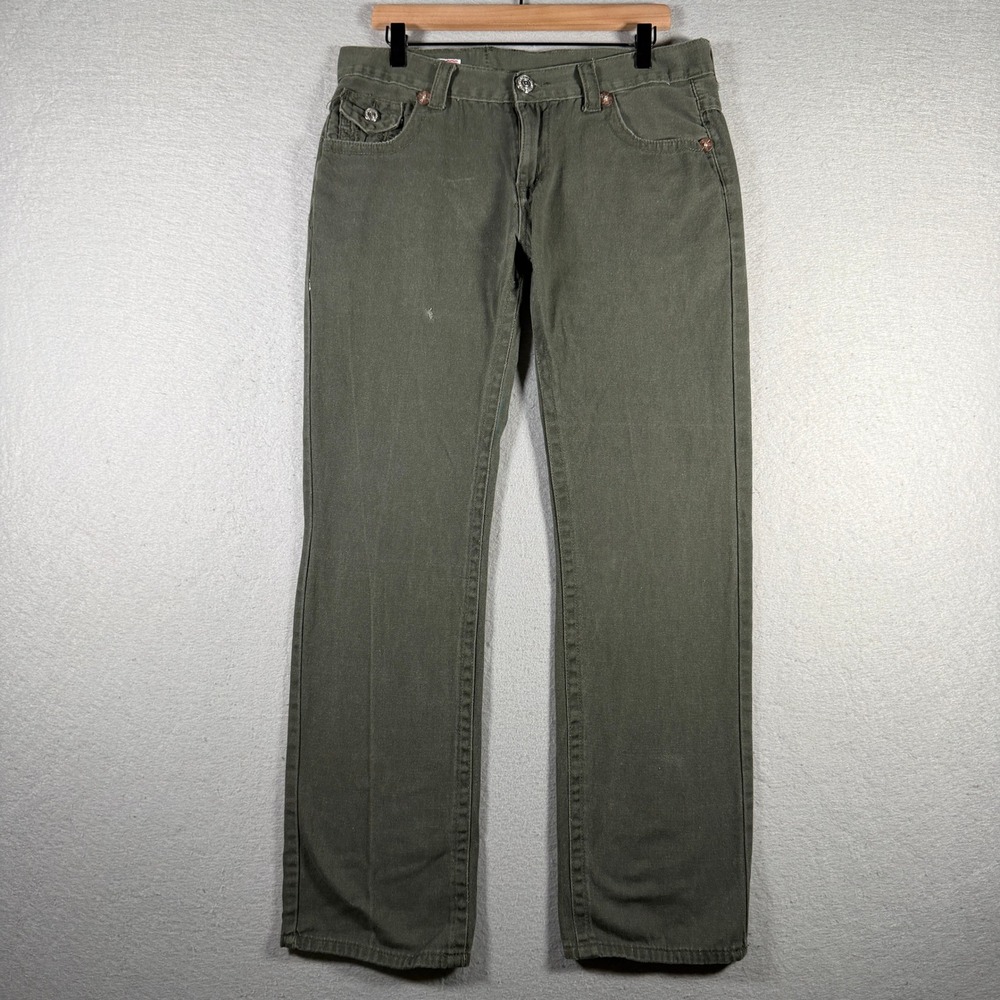 True Religion Billy Super T Mens‎ 34x31 Olive Green Straight Leg Pants USA Made
